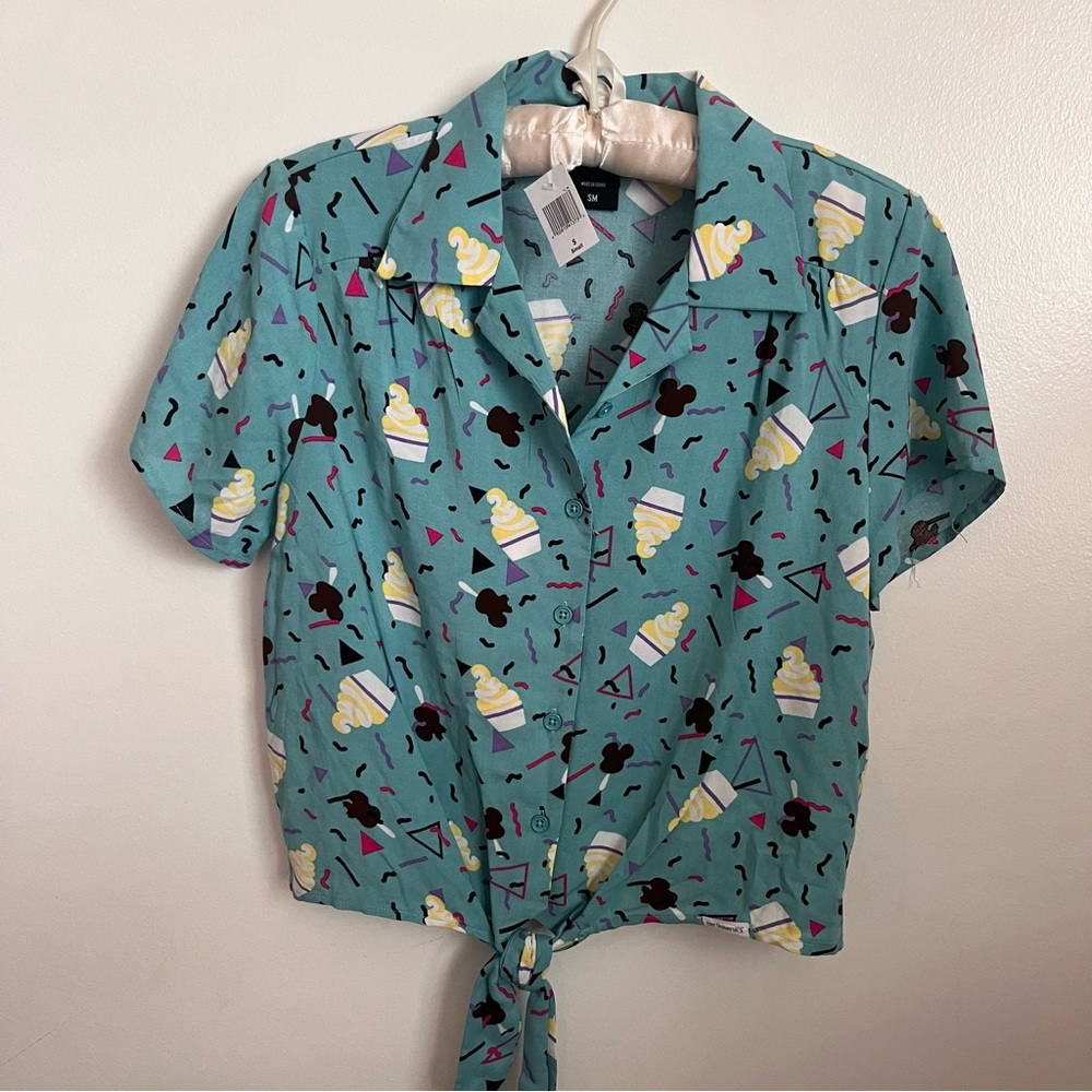 Disney Teal Button-Front Tie-Hem Shirt with Soft-Serve & Mickey Print